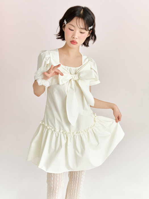 RIBBON TIE DRESS - CREAM