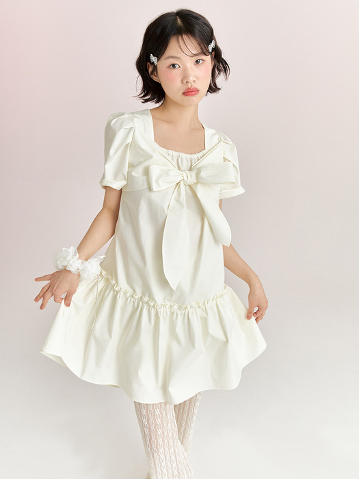 RIBBON TIE DRESS - CREAM