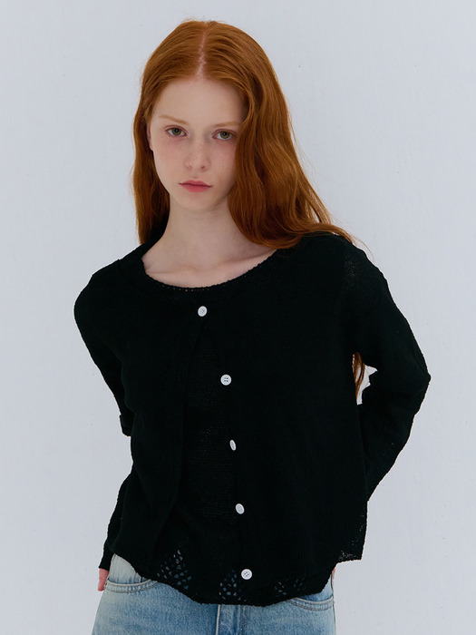 SUMMER COTTON BOUCLE CARDIGAN BLACK