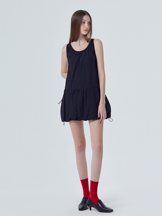 Balloon Shirring Mini Dress, Black