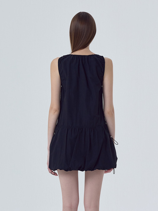 Balloon Shirring Mini Dress, Black