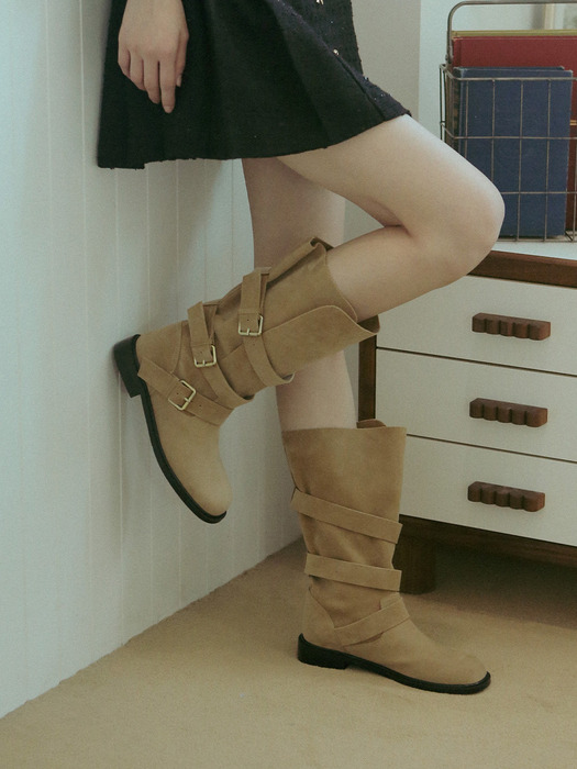 [단독]ljh5008 side open belted middle boots _ beige