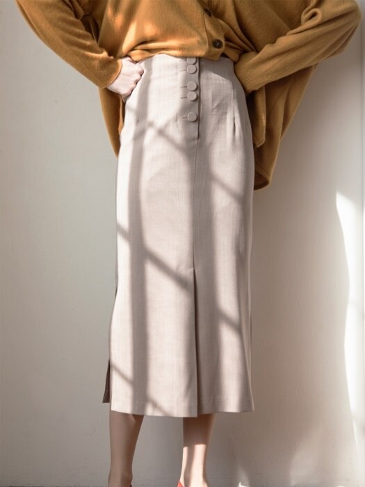 Herringbone Button Slit Midi Skirt Beige