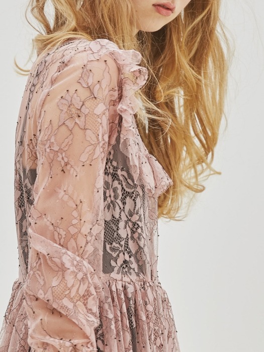 Rectangle Ruffle Lace Dress_Pink