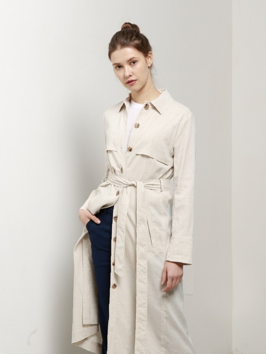 Simple Trench Coat Long Dress - LInen Natural