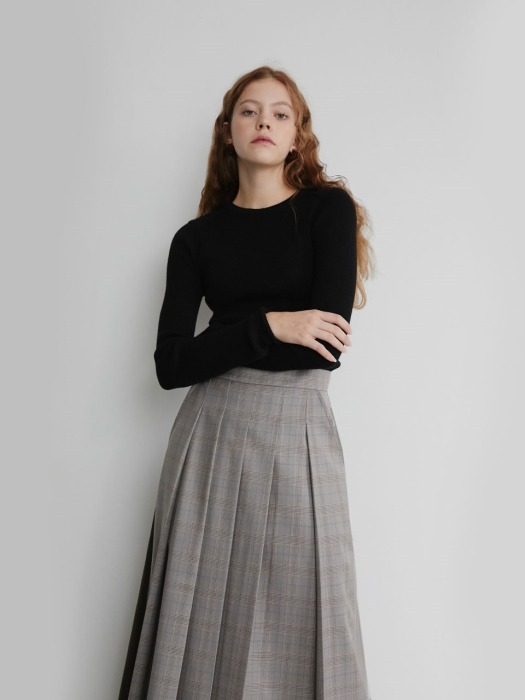 19 FALL_Grey Check Pleated Long Skirt 