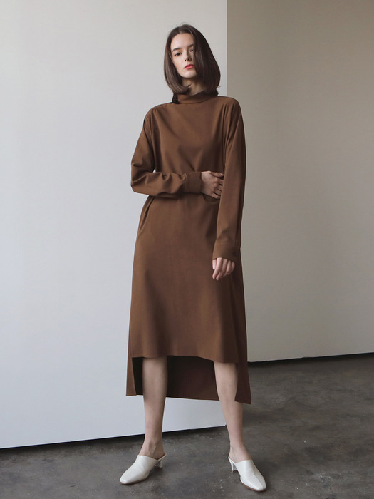 Wool side wrap dress_Brown