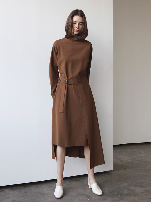 Wool side wrap dress_Brown