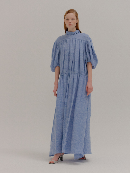 POLINA Sky Blue Shirred Maxi Dress with gold buttons