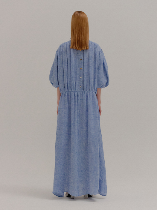 POLINA Sky Blue Shirred Maxi Dress with gold buttons