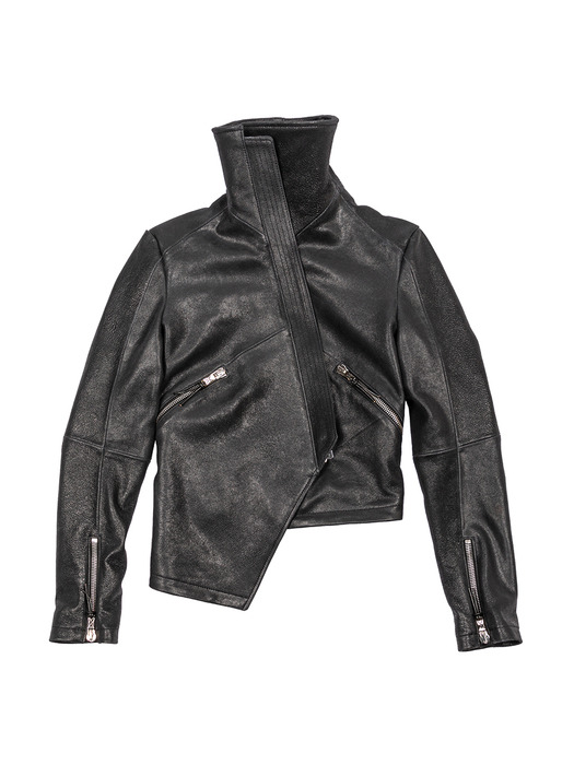 Asymmetric Highneck Leather Jacket