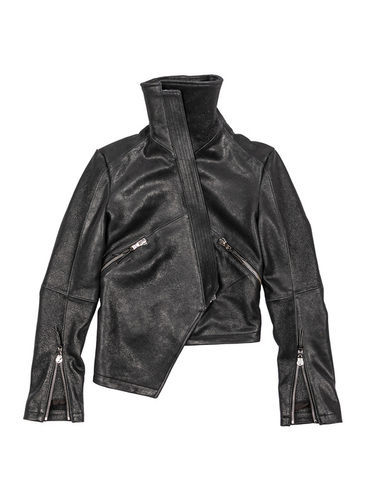 Asymmetric Highneck Leather Jacket