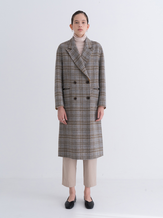 REVERSE HAND YELLOW CHECK DOUBLE LONG COAT BROWN