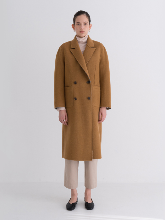 REVERSE HAND YELLOW CHECK DOUBLE LONG COAT BROWN
