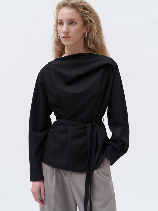 TTF DRAPED BELT BLOUSE BLACK