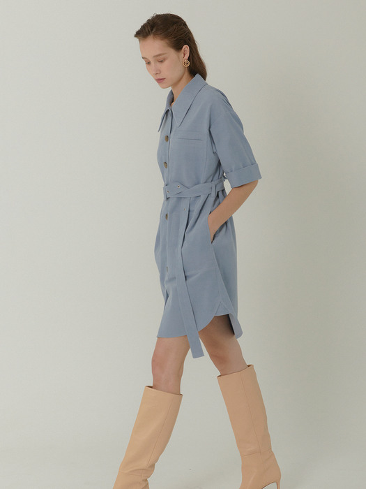 LAUREN Belted Coduroy Shirts Dress_SKY BLUE