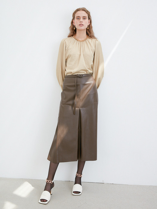 ECO LEATHER BELTED PLEATS LONG SKIRT in Brown [U0W0S203/74]