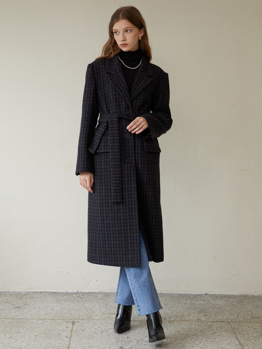 classic w check long wool coat NA