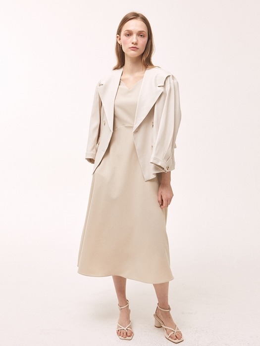 Shirring Split Flare Dress - Beige