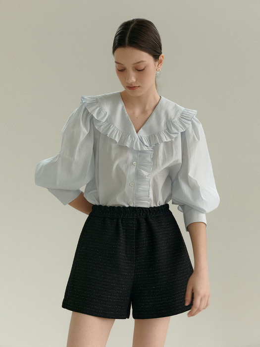 PONNY_Ruffle Triming Collar Sheer-Cotton Blouse_Sherbet Sky