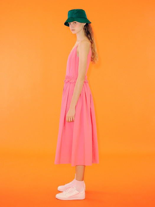 Shirred Waist V-Neck Sleeveless Dress [PINK]