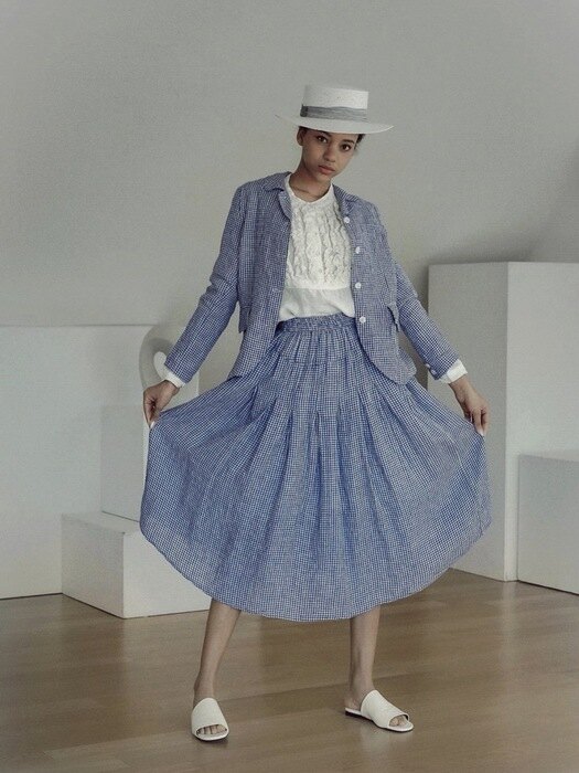 [Linen100%]Bell linen yarn dyed gingham check skirt -3color