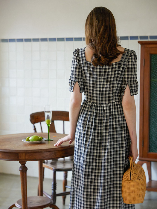 DIANA heart neck shirring dress_black check