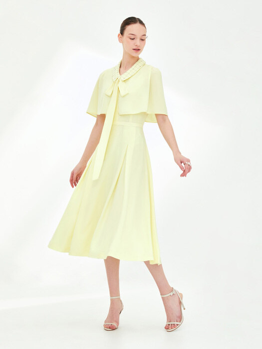 RACHEL Beaded collar cape detail dress (Lemon yellow)