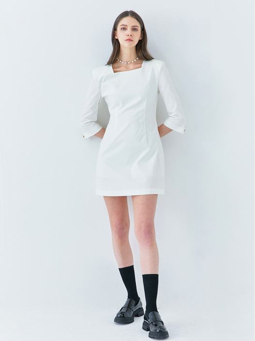 Square padded shoulder mini dress in white