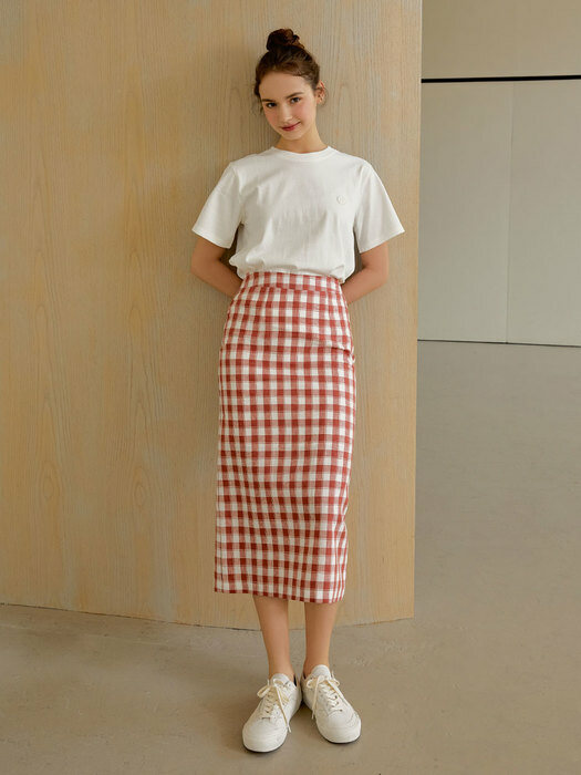 Linen check skirt (red)