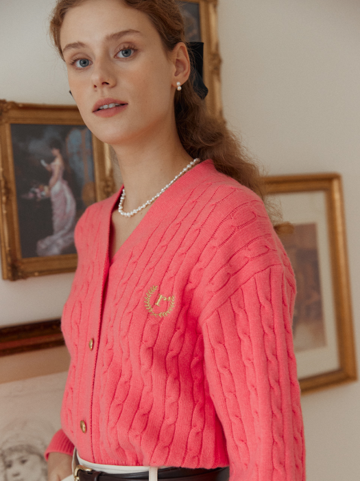 V NECK CABLE CARDIGAN PINK