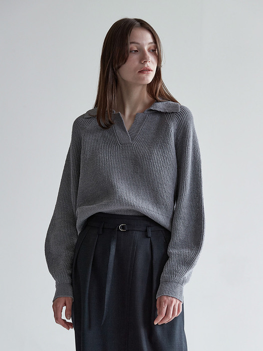 CROPPED COLLAR KNIT PULLOVER_GREY