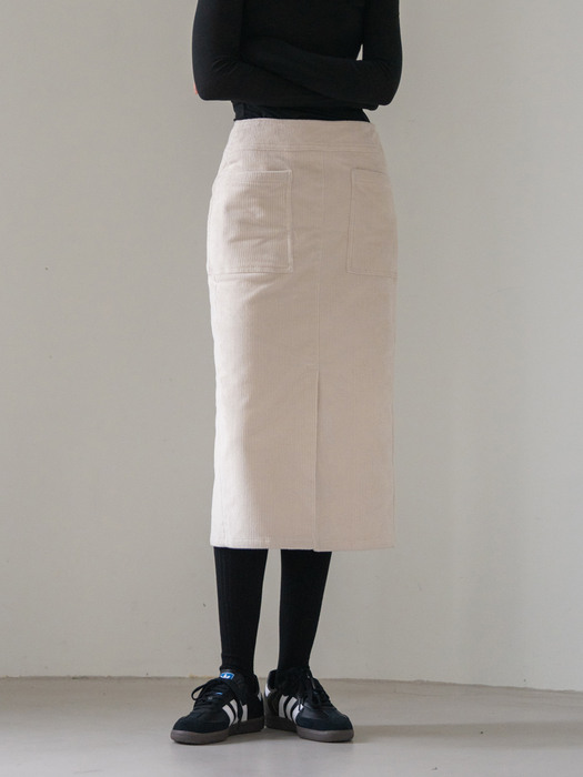 Coduroy Front Slit Pocket Skirt_Ecru
