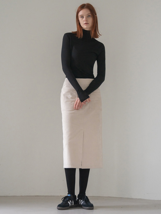 Coduroy Front Slit Pocket Skirt_Ecru