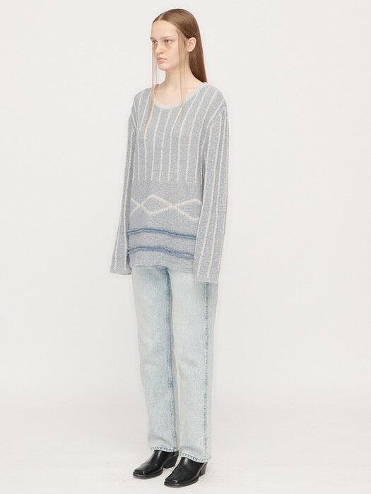 PATTERN MIXED KNIT PULLOVER, SKY BLUE