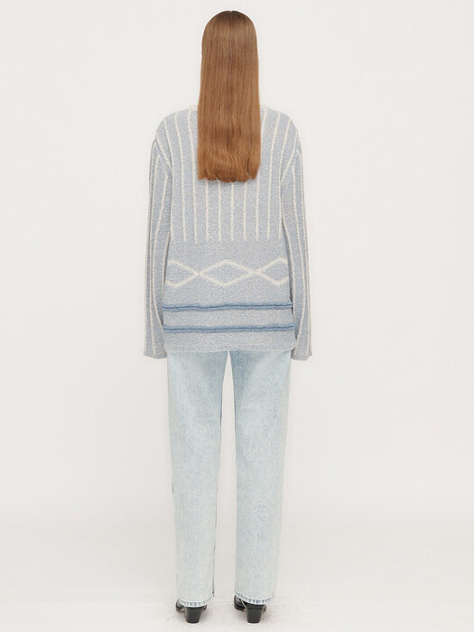 PATTERN MIXED KNIT PULLOVER, SKY BLUE