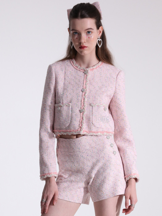 Light pink tweed cropped jacket with pocket logo