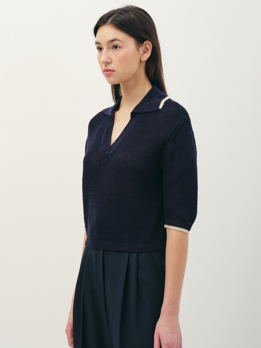 V-neck collar cotton knit top_navy