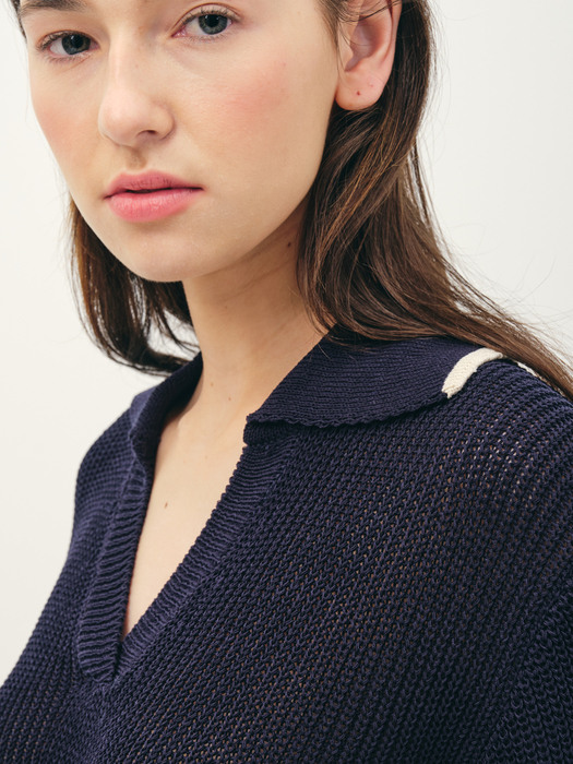 V-neck collar cotton knit top_navy