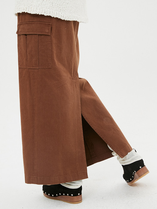 Pin Tuck Cargo Long Skirt / Brown