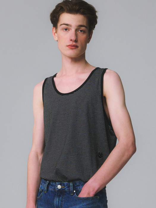 UNISEX, Marine Stripe Loose Sleeveless Top / Black