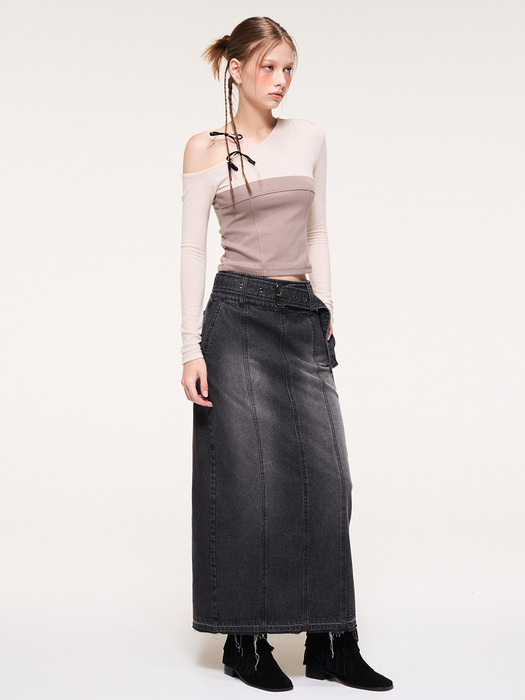 Wide Belt Long Denim Skirt, Black