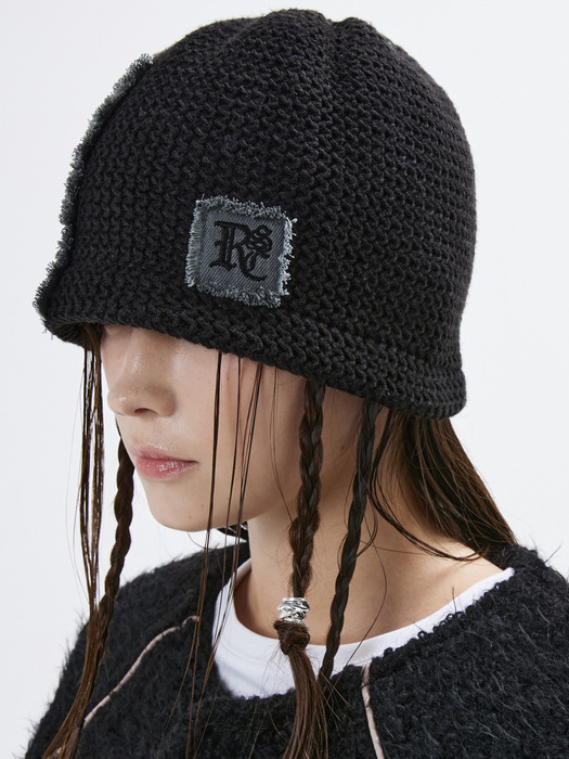 DENIM PATCHED KNIT BEANIE - BLACK