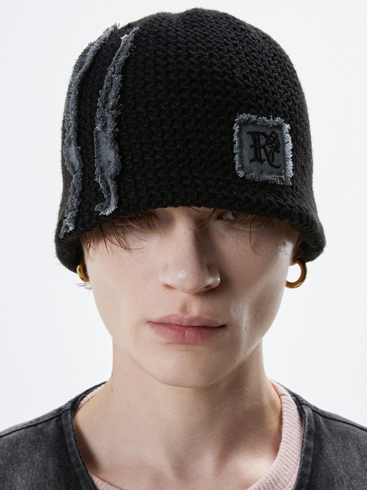 DENIM PATCHED KNIT BEANIE - BLACK