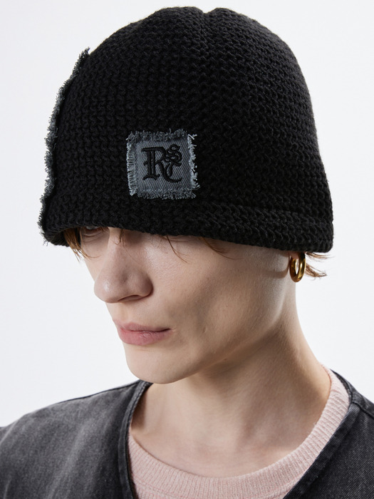 DENIM PATCHED KNIT BEANIE - BLACK