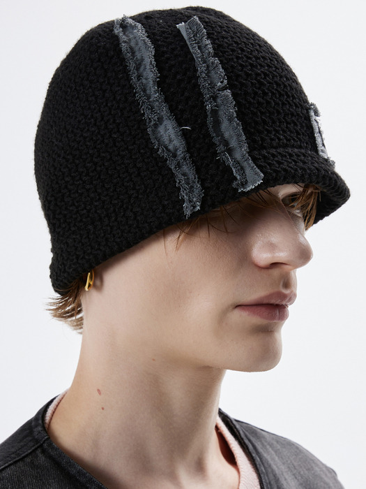 DENIM PATCHED KNIT BEANIE - BLACK