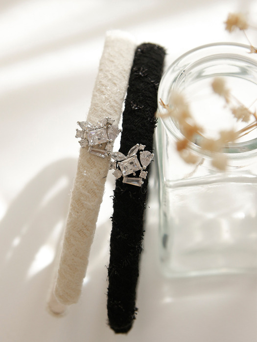 White Cubic Heart Point Tweed Hair Band H01083