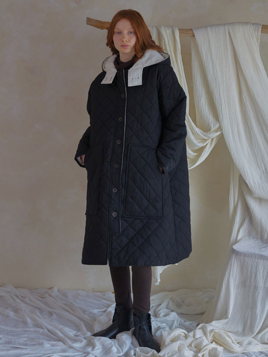 Quilted padded long hooded jacket