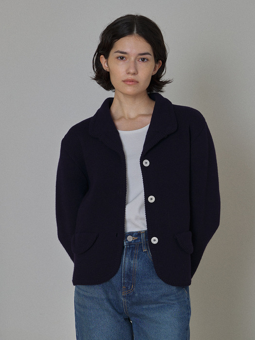 Collar Wool knit Jacket - Navy