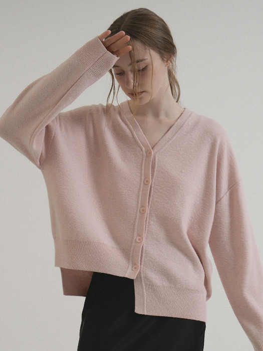 V-neck Unbalance Knit Cardigan (Pink)